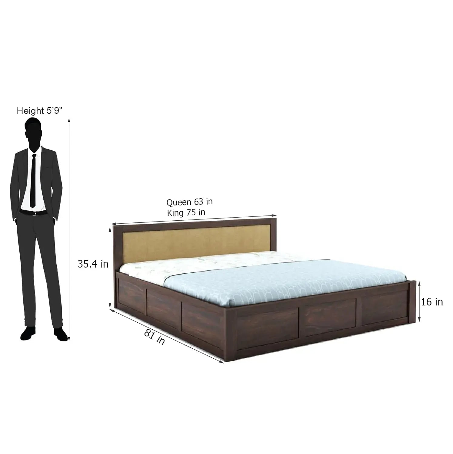 Wood King Size Bed with Hydraulic Storage | Walnut HYD-Cream Cushion