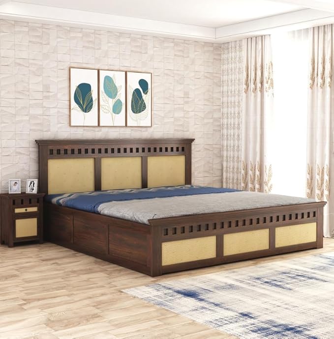 Goyal Handicraft Sheesham Wood King Size Kuber Bed with Box Storage Wooden Double Bed Cot Palang Furniture for Bedroom Living Room Home Hotel (Walnut Finish)