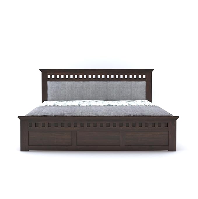 Goyal Handicraft Sheesham Wood Kuber King Size Bed Without Storage Wooden Headboard Cushion Cot Double Bed Furniture for Bedroom Living Room Home (Walnut Finish, Gaddi Gray)