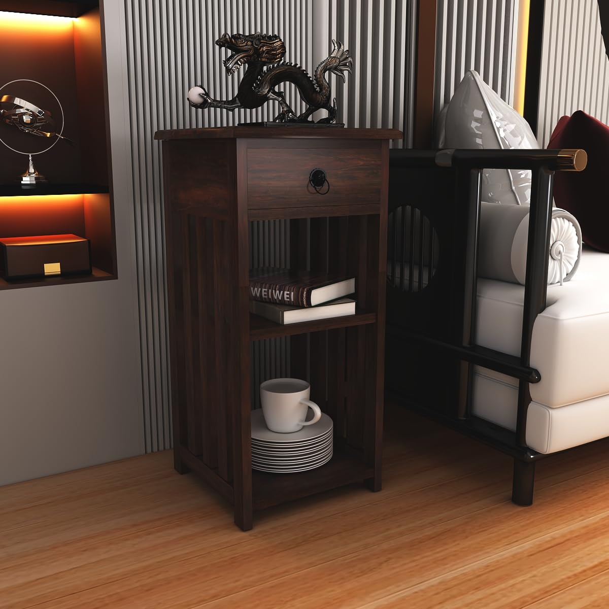 Sheesham Wood Bedside End Table with 2 Drawers and Open Shelf Storage for Bedroom Living Room Wooden Furniture Side Table for Hotel Room Office