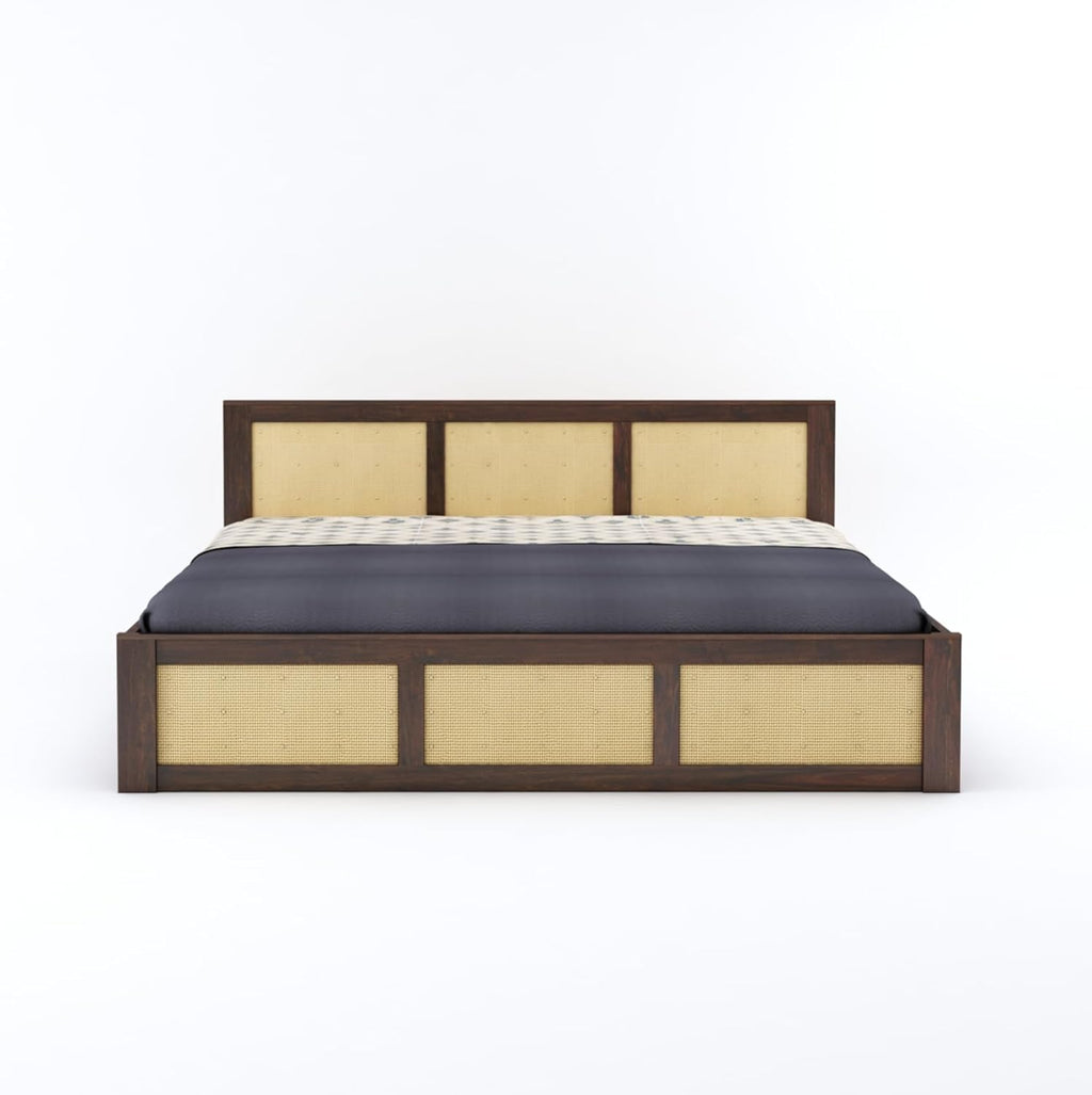 Wood Queen Size Cane Bed With Box Storage - Walnut Finish