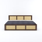 Wood Queen Size Cane Bed With Box Storage - Walnut Finish