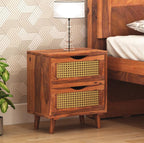 Sheesham Wood Cane Bedside End Table | Wooden Decorative Side Tables With 2 Drawers Storage | Honey Finish