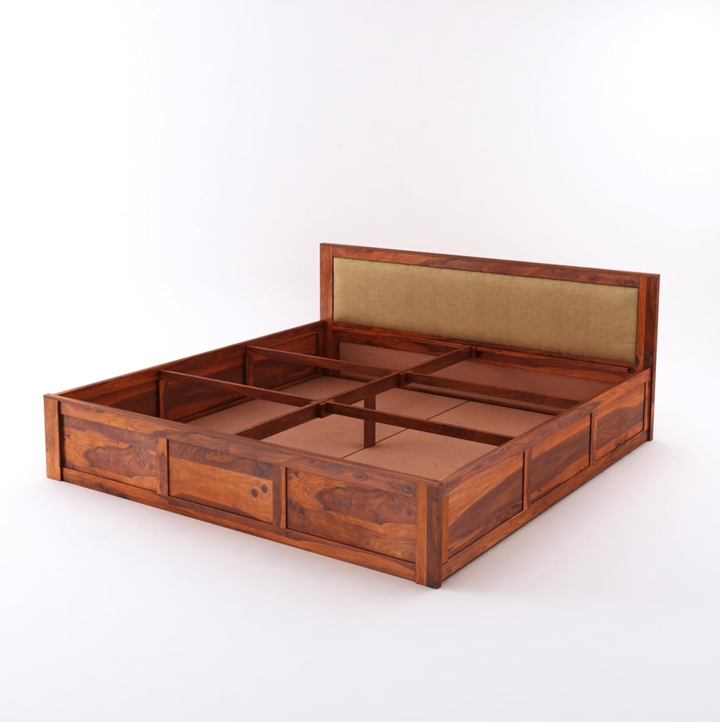 Sheesham Wood King Size Bed with Box Storage for Bedroom Living Room Home Hotel Wooden Double Bed Cot Palang with Cushion Headboard Furniture