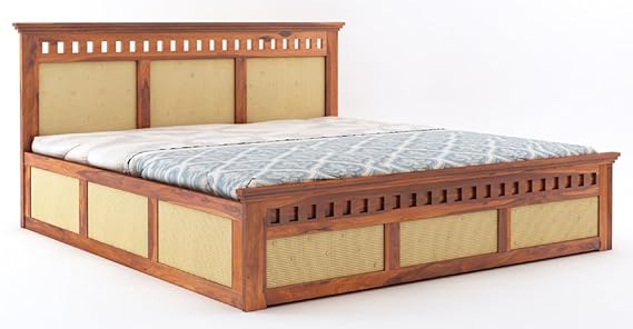 Goyal Handicraft Sheesham Wood Queen Size Cane Bed with Box Storage Wooden Double Bed Cot Palang for Bedroom Living Room Home Hotel Furniture (Honey Finish) 1 Year Warranty