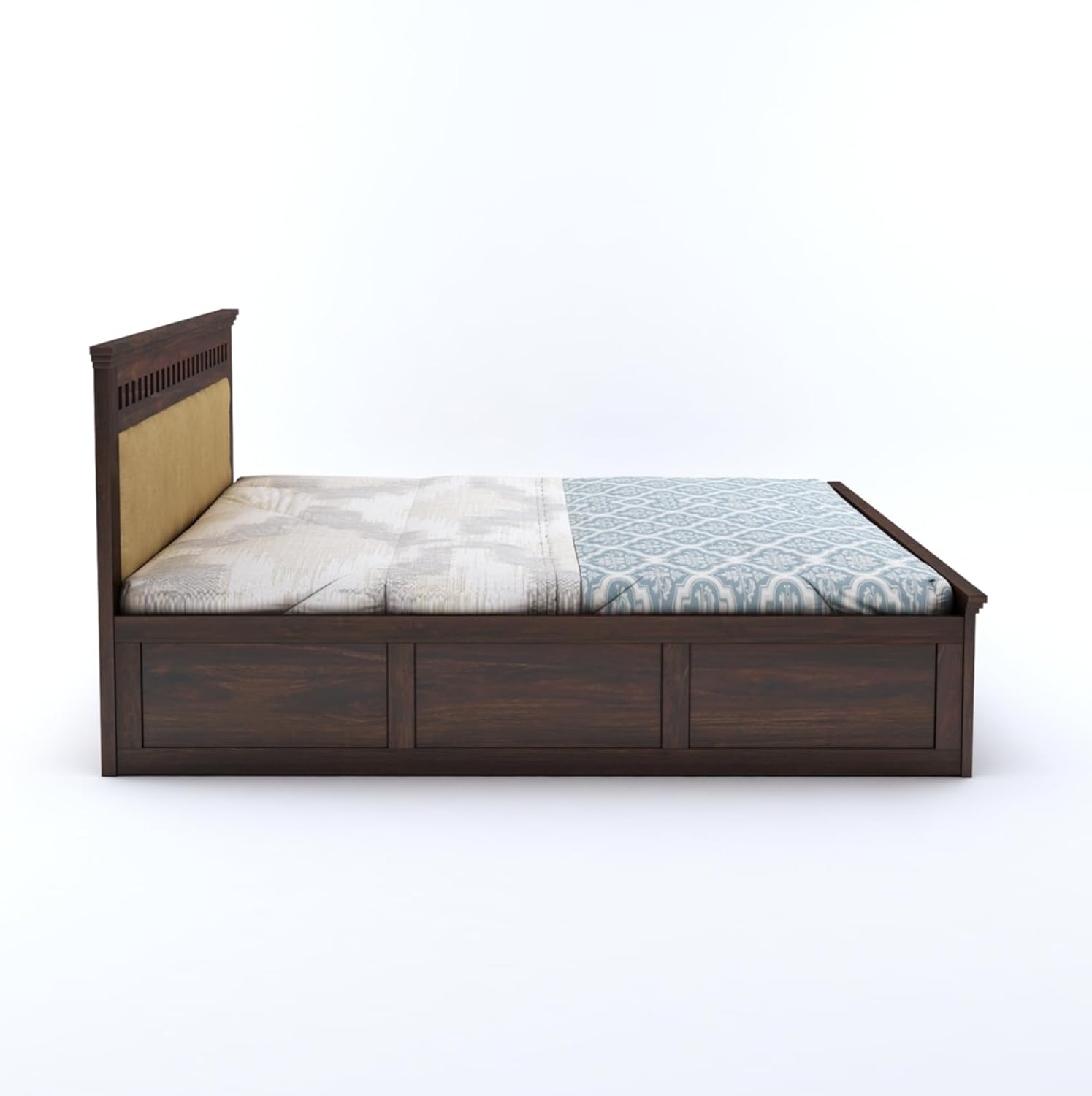Queen Size Box Storage Double Bed Cot Palang - Cream & Walnut