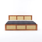 Wood Queen Size Cane Bed With Box Storage - Honey Finish