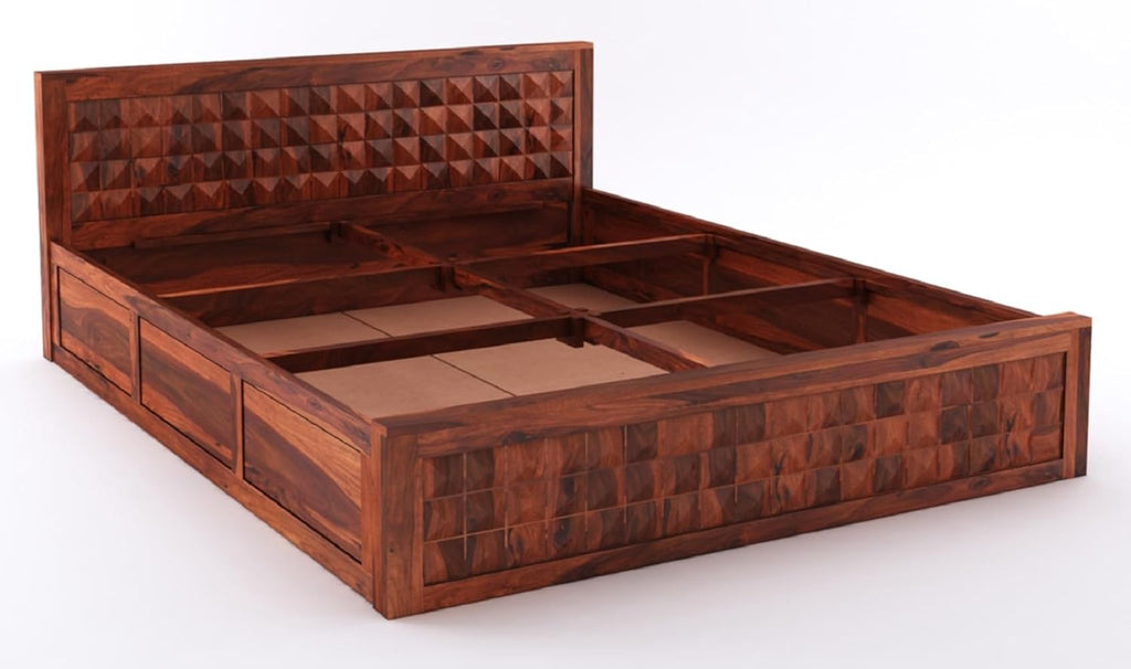 Sheesham Wood Queen Size Bed with Box Storage and Headboard | Durable Wooden Double Bed Cot Palang Furniture for Bedroom, Living Room, Guest Room, Hotel and Home