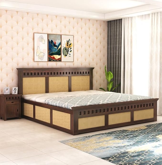 Goyal Handicraft Sheesham Wood King Size Cane Bed with Box Storage Wooden Double Bed Cot Palang for Bedroom Living Room Home Hotel Furniture (Walnut Finish)