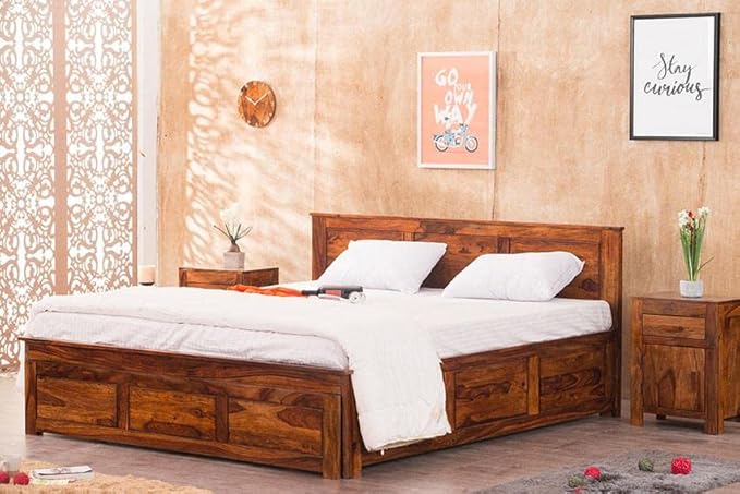 Goyal Handicraft Sheesham Wood King Size Bed with Open Dual Storage for Bedroom Home Wooden Double Bed Cot Palang for Living Room and Hotels (Honey Finish) | 1 Year Warranty