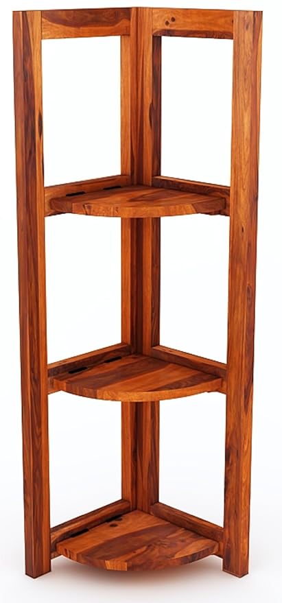 Goyal Handicraft Sheesham Wood 3 Tier Corner Shelf Display Rack Shelves Storage Organizer Ladder Bookshelf for Living Room Bedroom Home Office (Honey Finish)