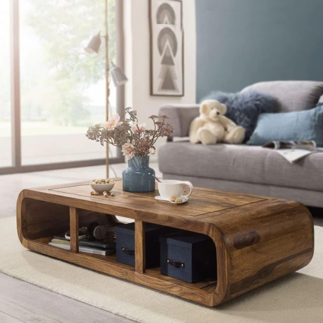 Sheesham Wood Center Coffee Table with Shelf Storage Wooden Teapoy Tea Table for Living Room Home and Office