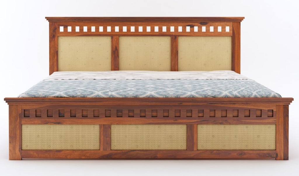 King Size Cane Bed Without Storage | Wooden Cot Double Bed | Honey Finish
