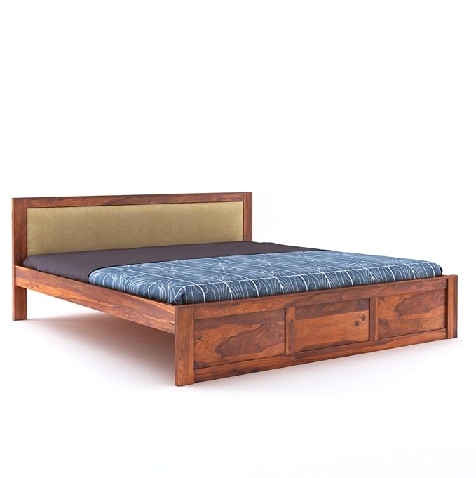 Sheesham Wood Queen Size Bed Without Storage Wooden Headboard Cushion Cot Double Bed Furniture for Bedroom Living Room Home