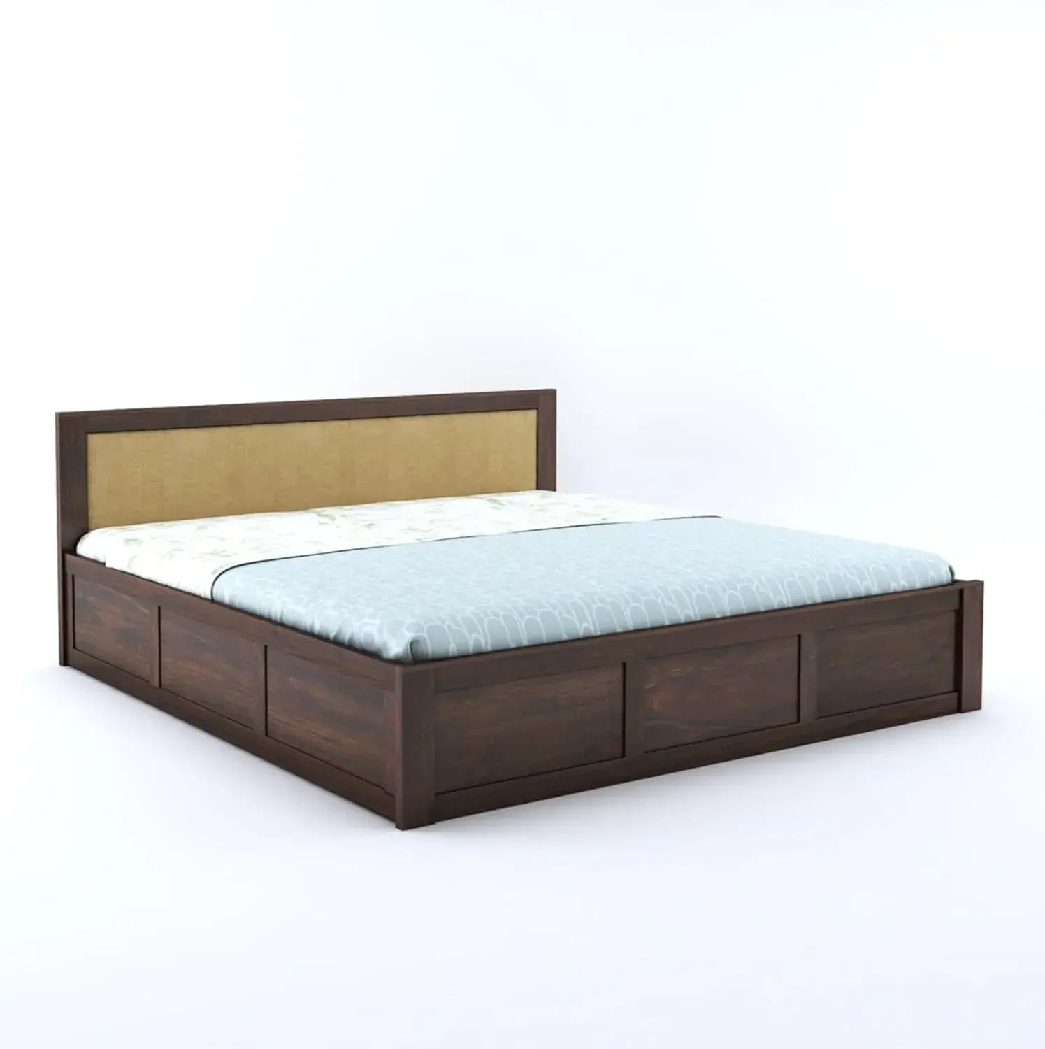 Sheesham Wood King Size Bed With Box Storage | Walnut Box-Cream Cushion