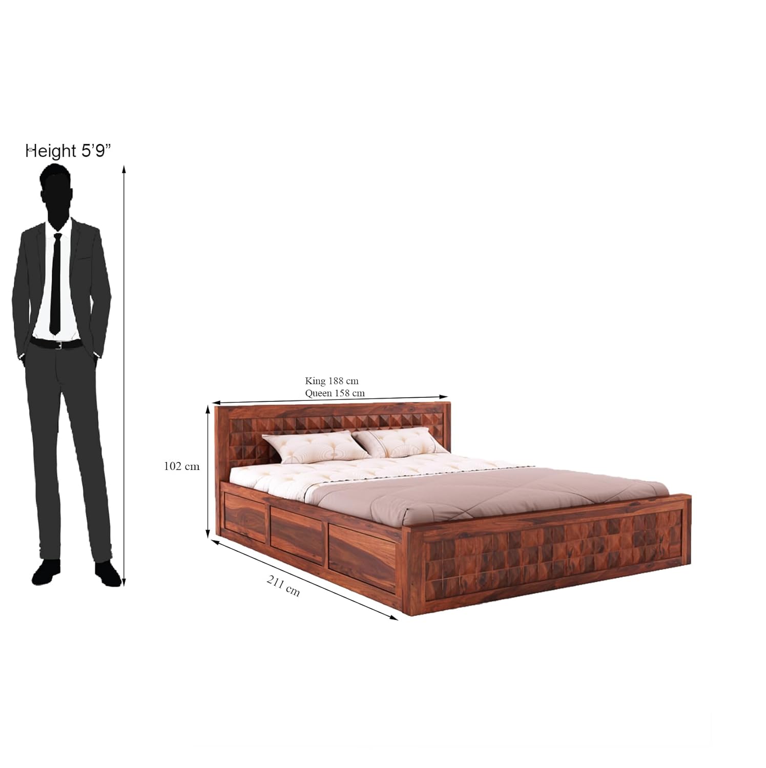 Sheesham Wood King Size Bed with Box Storage and Headboard | Durable Wooden Double Bed Cot Palang Furniture for Bedroom, Living Room, Guest Room, Hotels and Home