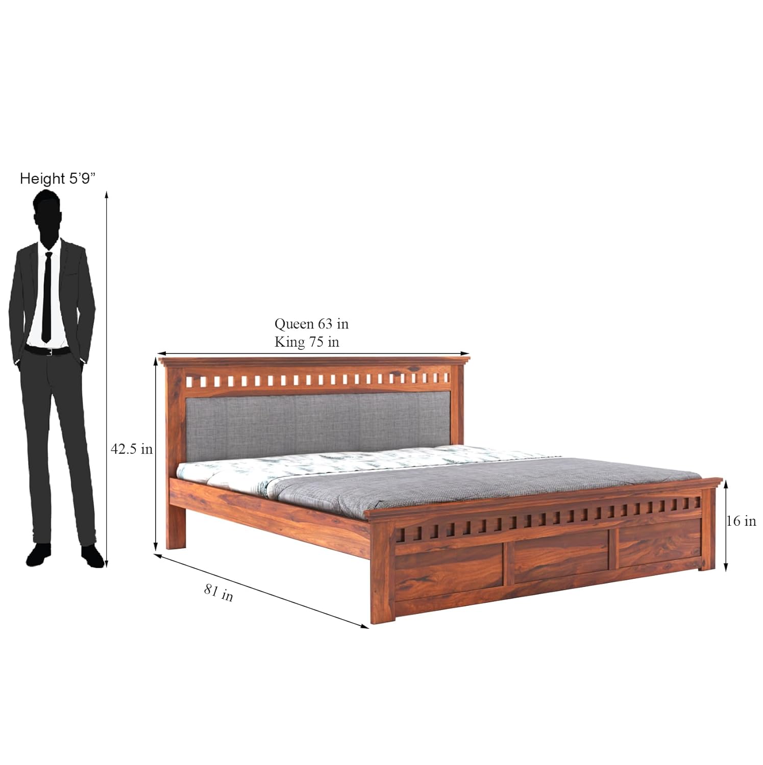 Sheesham Wood Kuber King Size Bed Without Storage Wooden Headboard Cushion Cot Double Bed Furniture for Bedroom Living Room Home