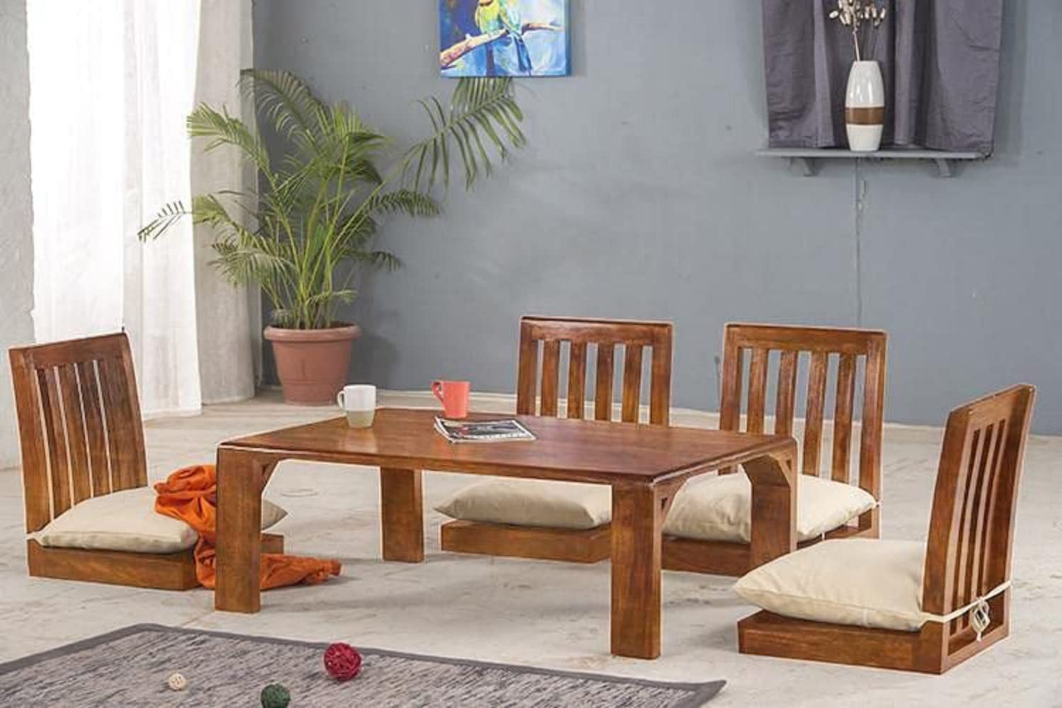 Sheesham Wood Japanese 4 Seater Dining Table Wooden Low Height Dinner Table for Living Room Home and Restaurant