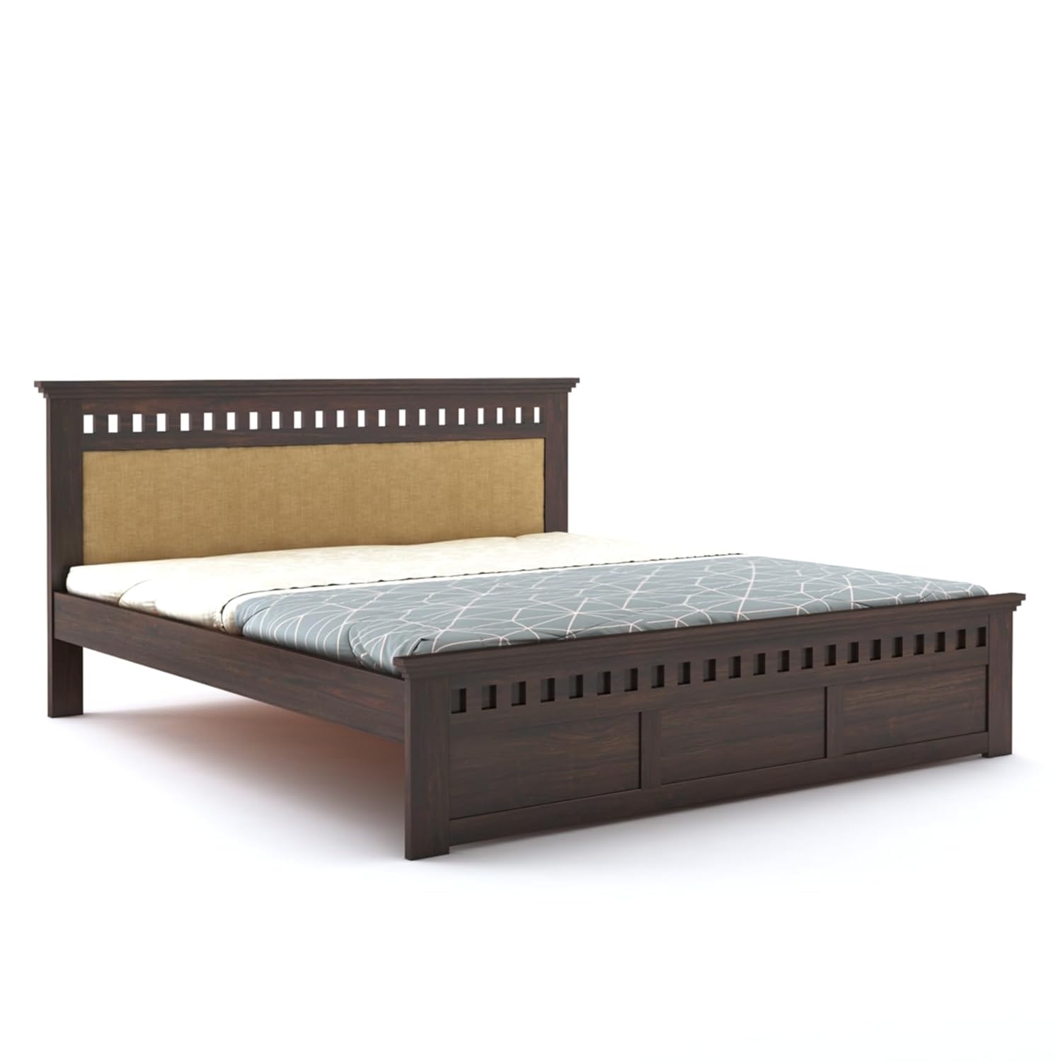 Sheesham Wood Kuber King Size Bed Without Storage Wooden Headboard Cushion Cot Double Bed Furniture for Bedroom Living Room Home