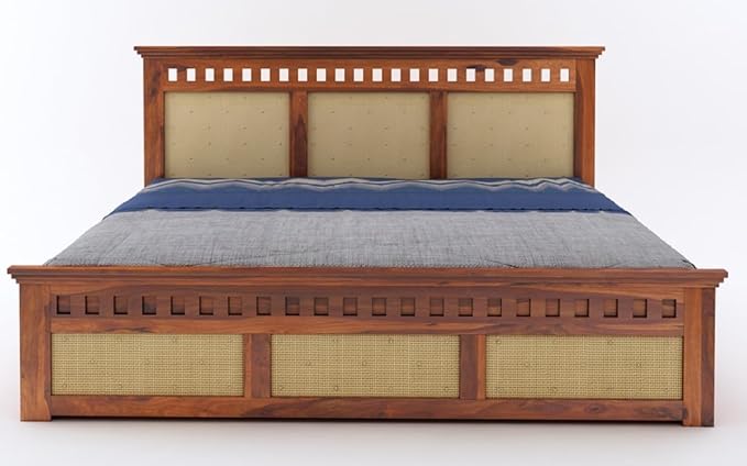 Goyal Handicraft Sheesham Wood Queen Size Kuber Bed with Hydraulic Storage for Bedroom Living Room Home Hotel Furniture Wooden Double Bed Cot Palang for Guest Room (Honey Finish)