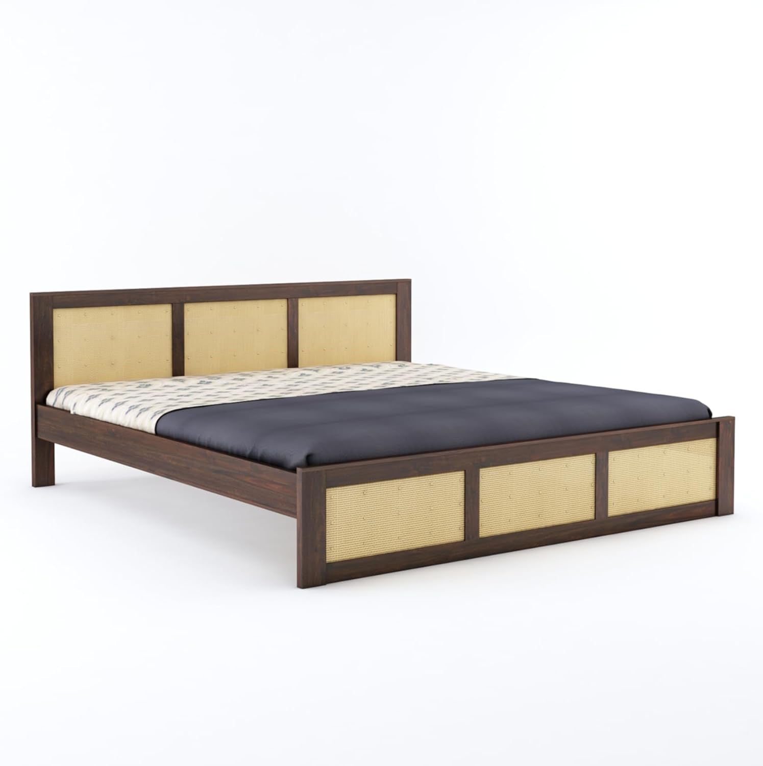 Wood King Size Cane Bed Without Storage - Walnut Finish