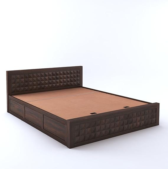 Goyal Handicraft Sheesham Wood Queen Size Bed with Hydraulic Storage for Bedroom Living Room Home Hotel Furniture Wooden Double Bed Cot Palang for Guest Room (Walnut Finish)