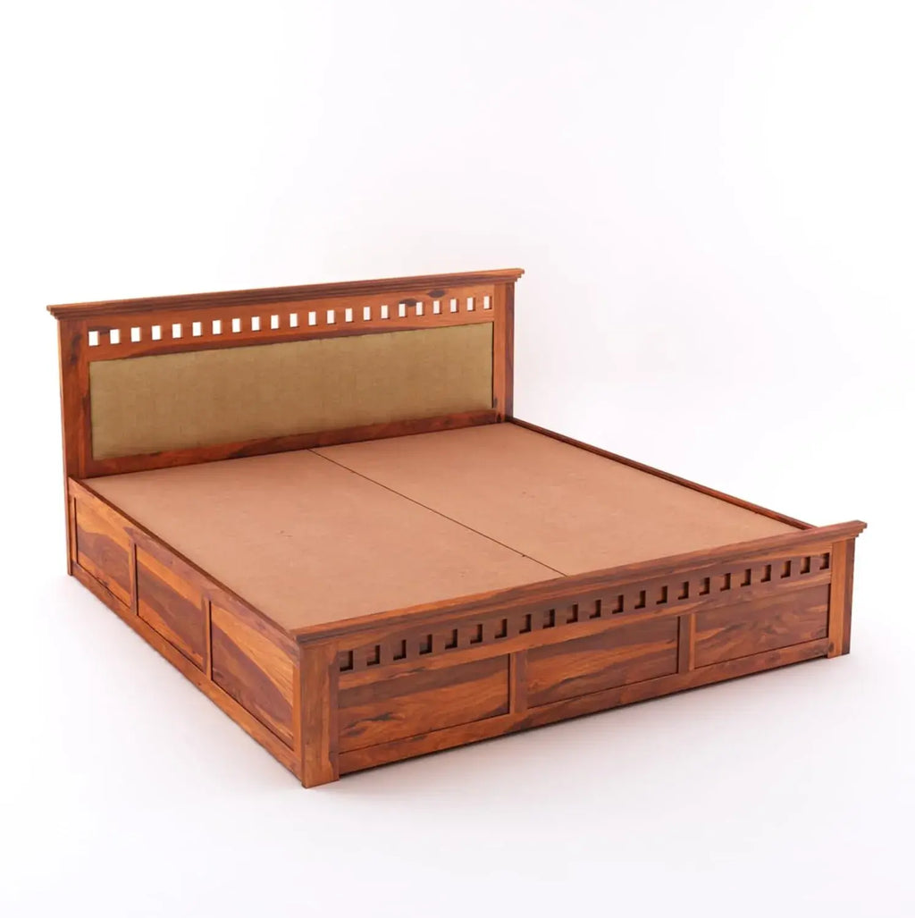 Queen Size Box Storage Double Bed Cot Palang - Cream And Honey