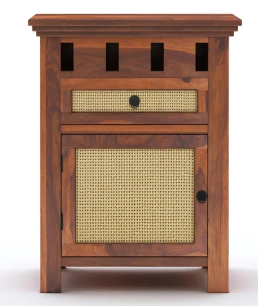 Wood Bedside End Table With 1 Drawer | Kuber Honey Finish - Cane