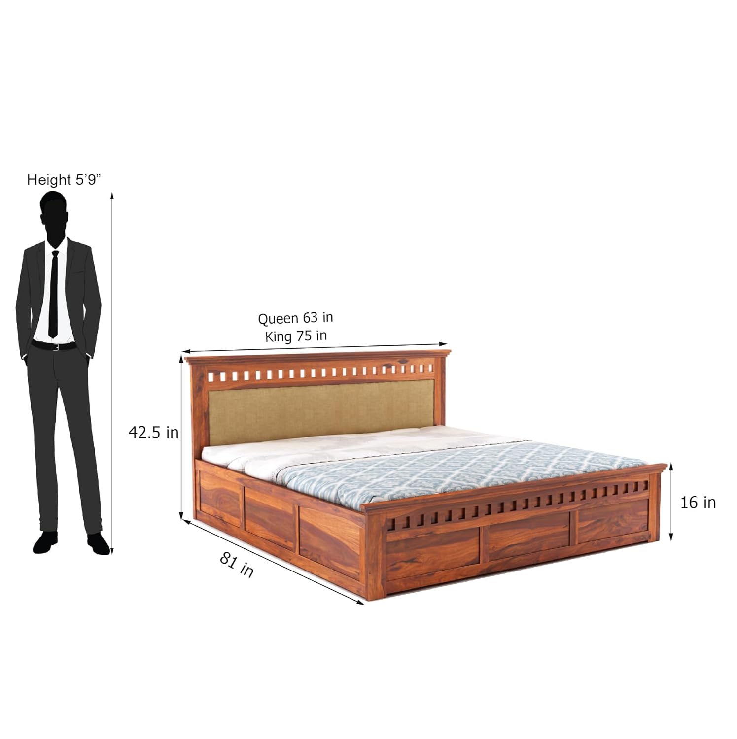 Sheesham Wood Queen Size Bed with Box Storage | 1 Year Warranty | Wooden Double Bed Cot Palang Furniture for Bedroom Living Room Home Hotel