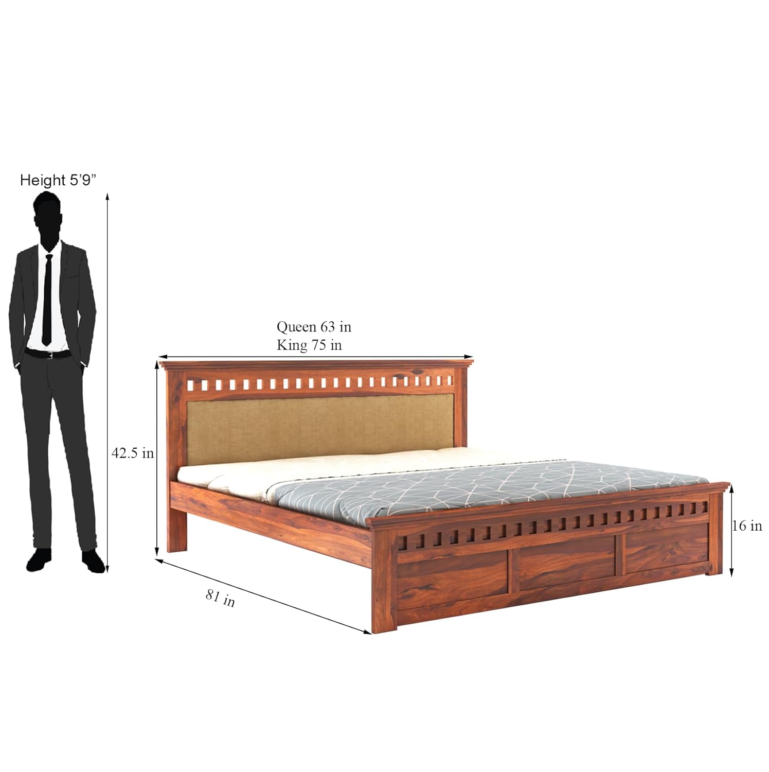 Sheesham Wood Kuber King Size Bed Without Storage Wooden Headboard Cushion Cot Double Bed Furniture for Bedroom Living Room Home