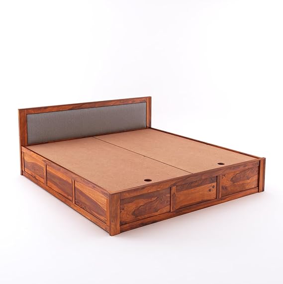 Goyal Handicraft Sheesham Wood King Size Bed with Storage for Bedroom Living Room Home Hotel Bed with Cushion Headboard Pannel Wooden Double Bed Cot Palang Furniture (Honey Finish)| 1 Year Warranty