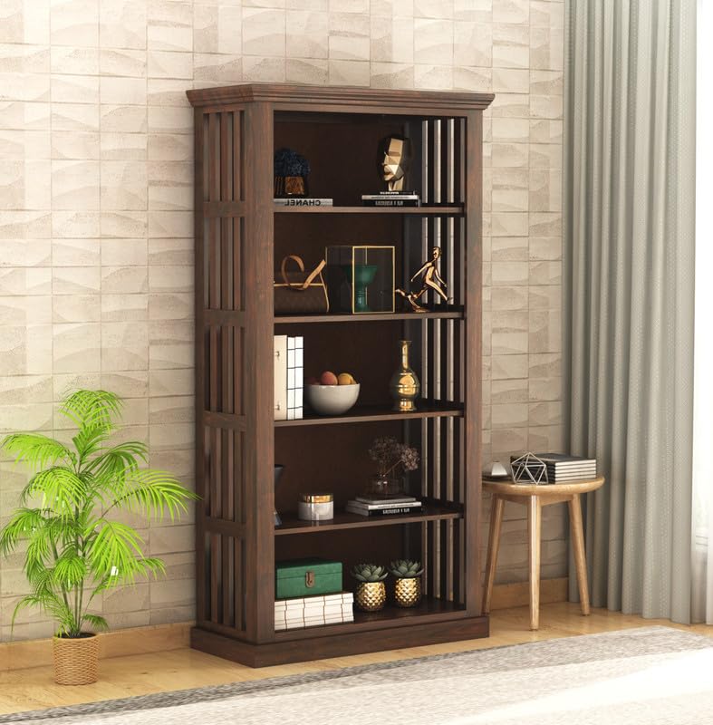 Solid Sheesham Wood Bookshelf With Open Shelf Storage Wooden - Walnut Finish