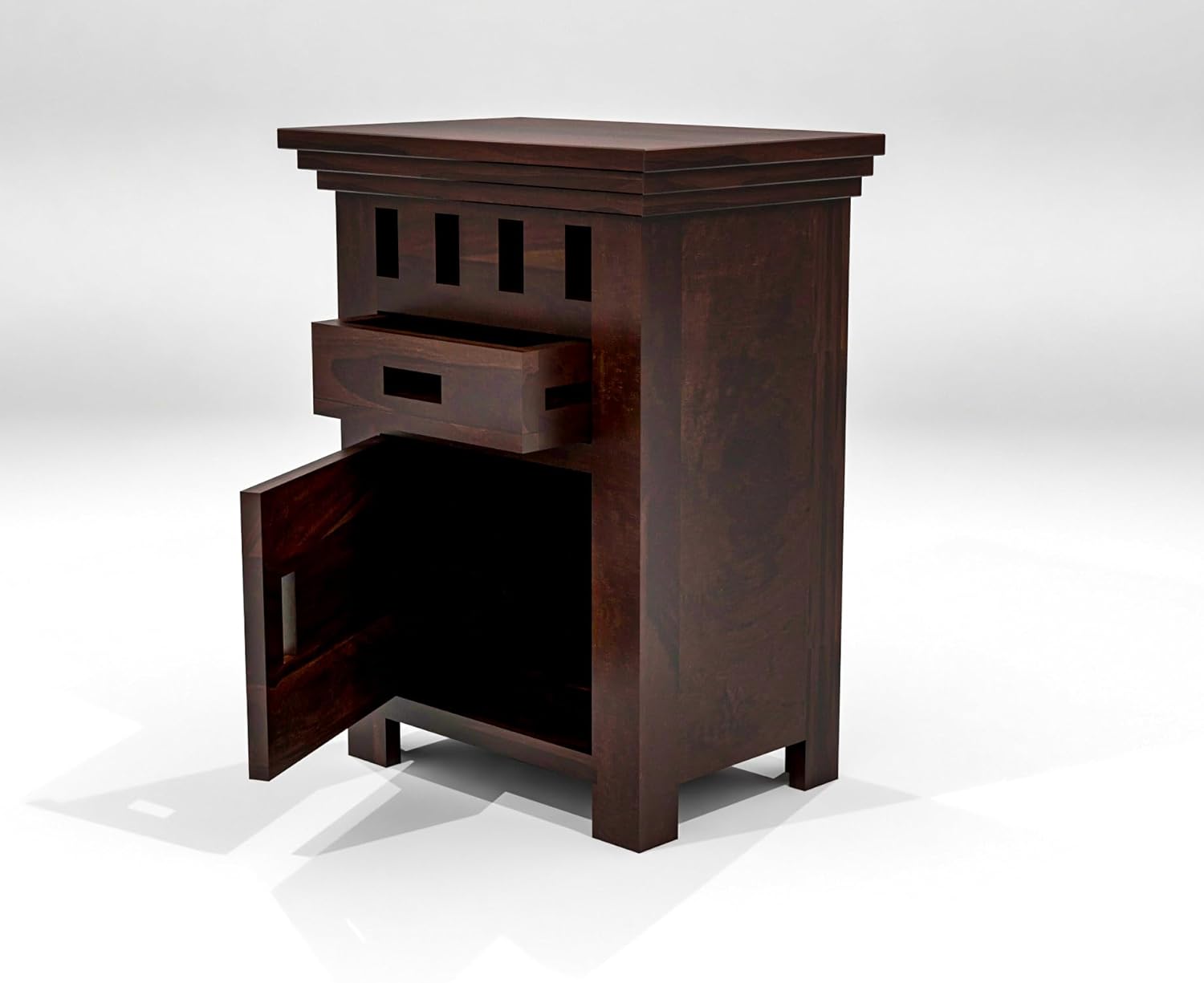 Sheesham Wood Bedside End Table with 2 Drawers and Open Shelf Storage for Bedroom Living Room Wooden Furniture Side Table for Hotel Room Office