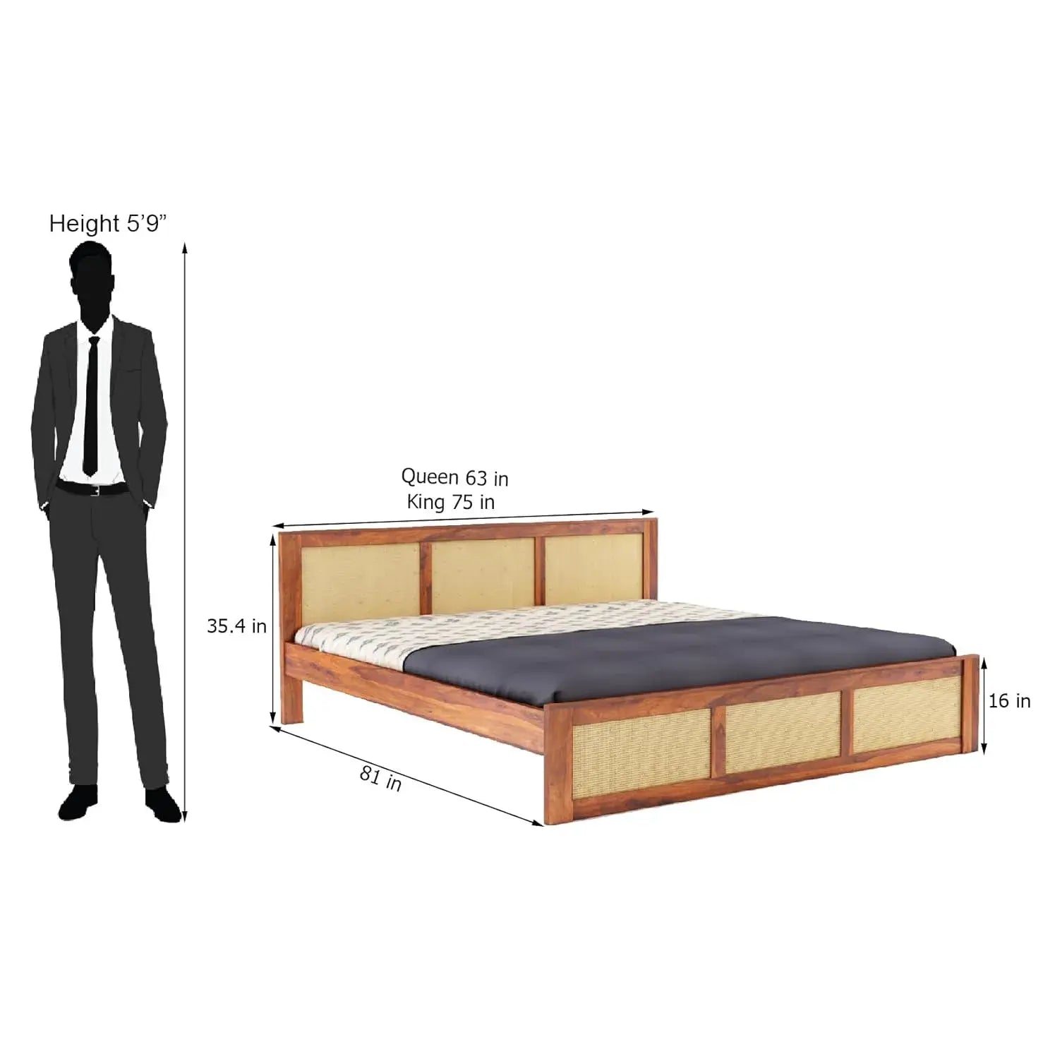 Wood Queen Size Cane Bed Without Storage - Honey Finish