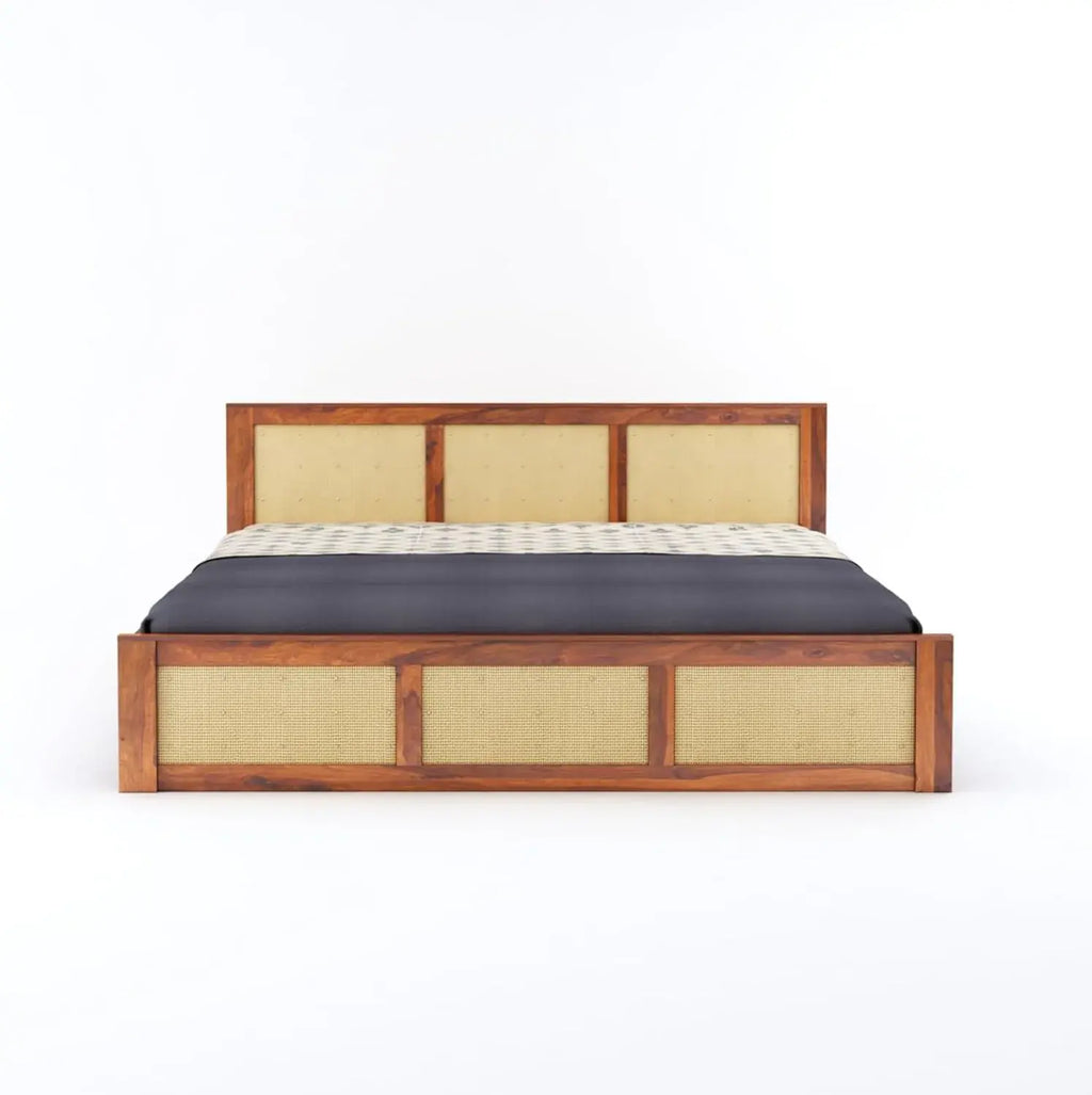 Wood King Size Cane Bed Without Storage - Honey Finish