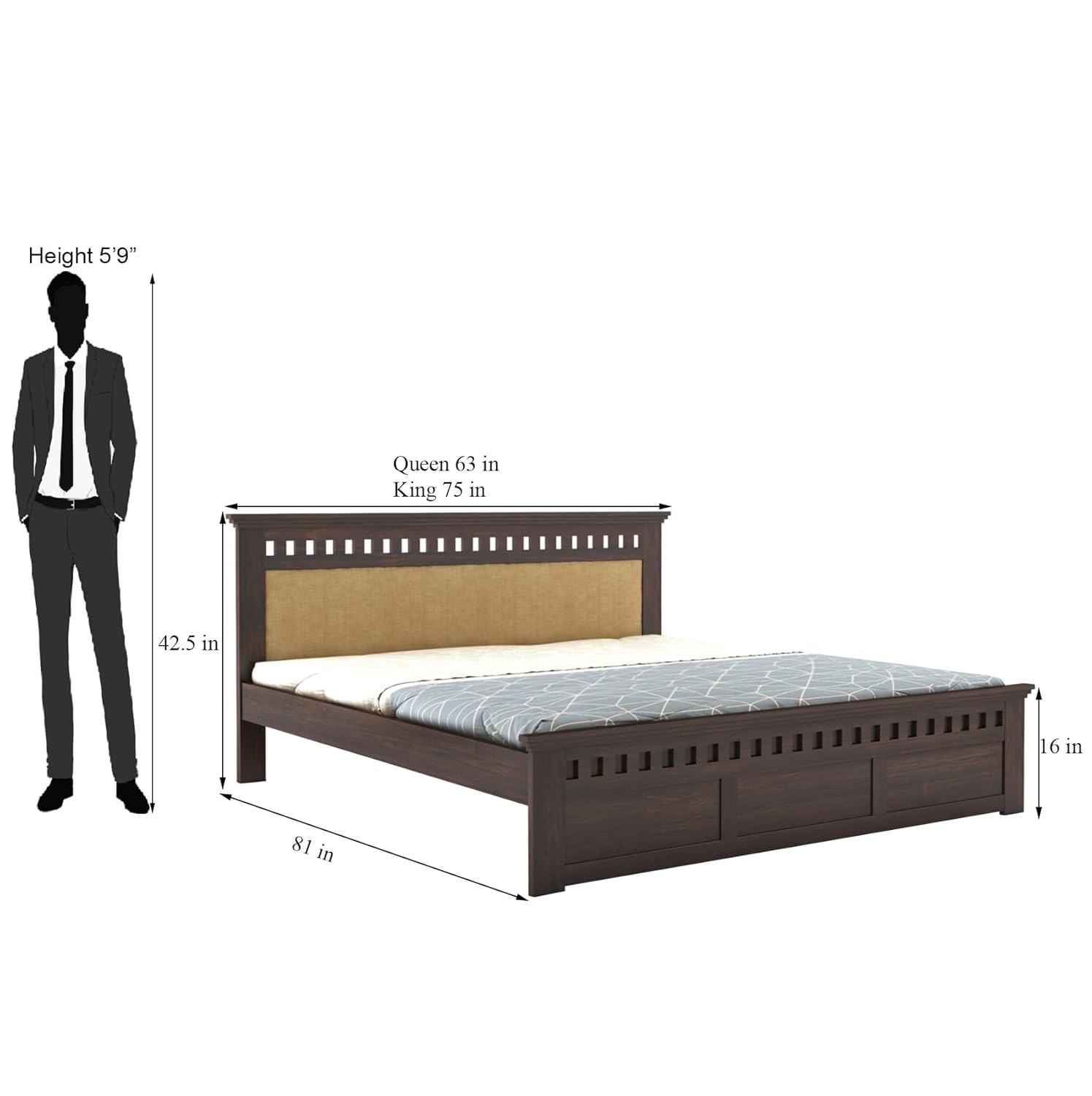 Sheesham Wood Kuber King Size Bed Without Storage Wooden Headboard Cushion Cot Double Bed Furniture for Bedroom Living Room Home