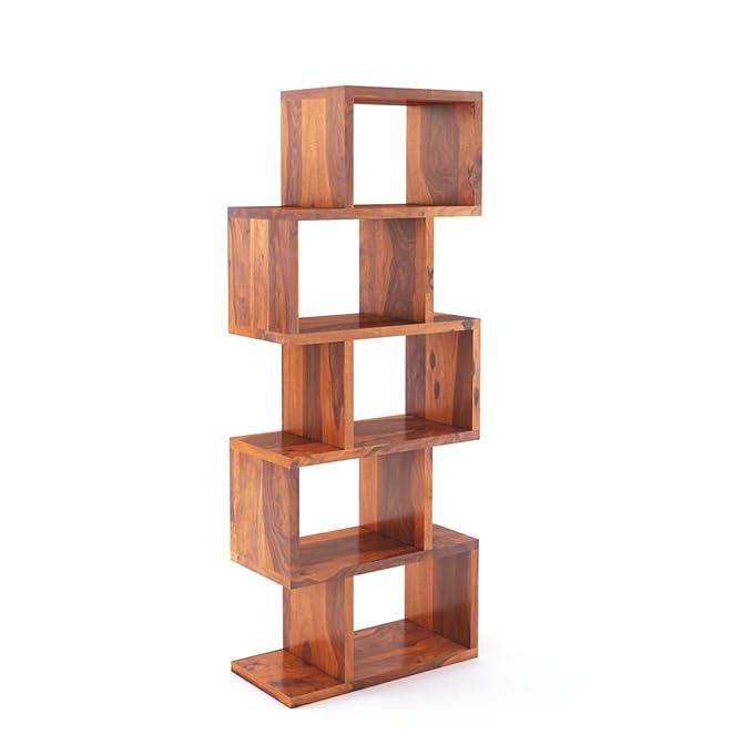 Goyal Handicraft Solid Sheesham Wood Zig Zag Shape 5 Tier Open Book Shelf for Living Rooms Office Home Bookcase Wooden Display Shelves Furniture (Honey Finish)