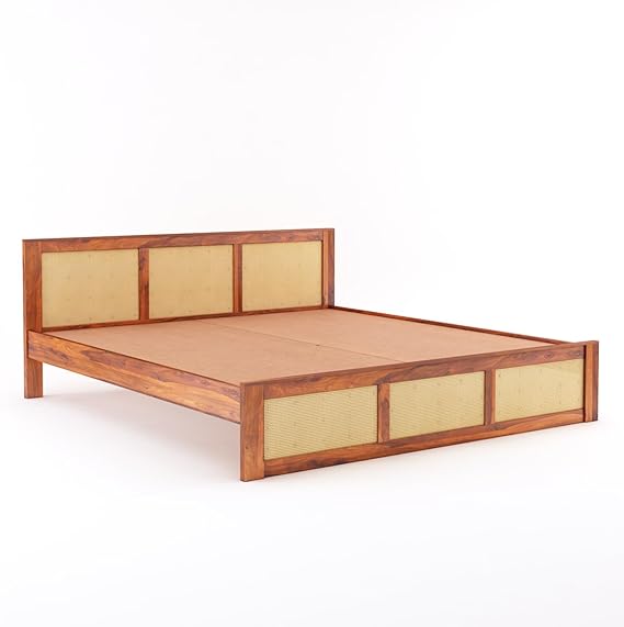 Goyal Handicraft Sheesham Wood Queen Size Cane Bed Without Storage Wooden Double Cot Palang Furniture for Bedroom Living Room Home Hotel (Honey Finish) 1 Year Warranty