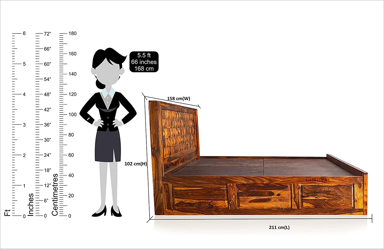 Sheesham Wood Queen Size Bed with Front Opening Box Storage for Bedroom Living Room Home Hotel Wooden Double Bed Cot Palang Furniture
