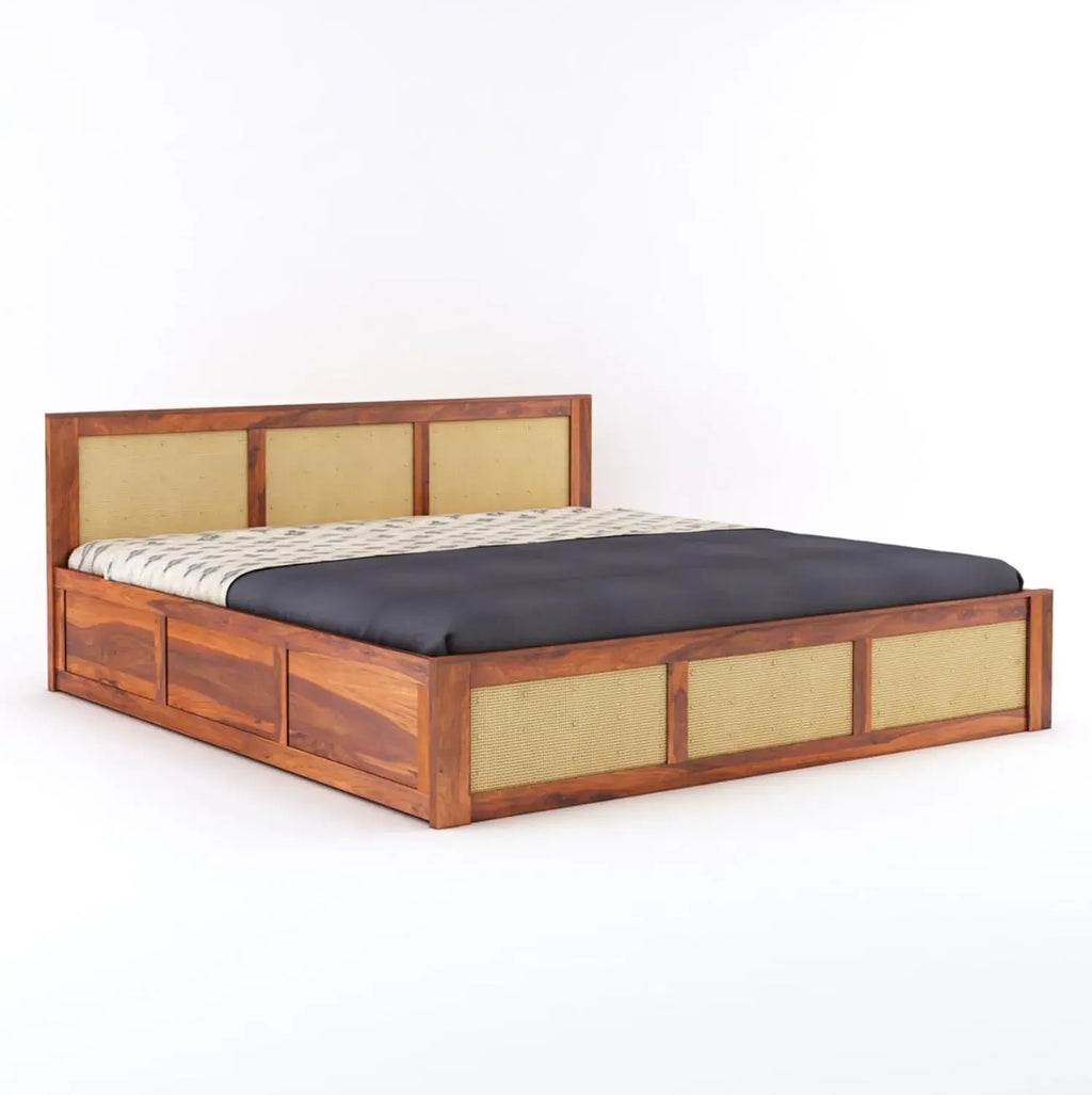 Wood Queen Size Cane Bed With Box Storage - Honey Finish