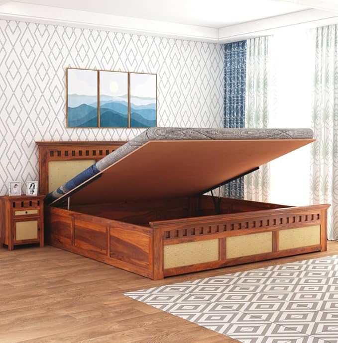 Goyal Handicraft Sheesham Wood King Size Kuber Bed with Hydraulic Storage for Bedroom Living Room Home Hotel Furniture Wooden Double Bed Cot Palang for Guest Room (Honey Finish)