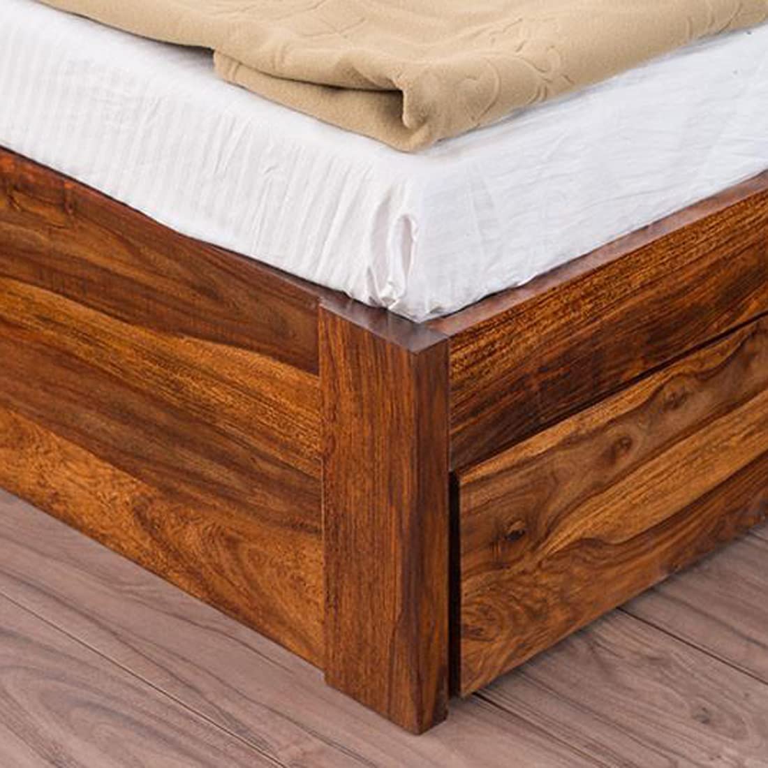 Sheesham Wood Queen Size Bed with Headboard and 4 Drawer Storage Wooden Double Bed Cot Palang Furniture for Bedroom Living Room Home