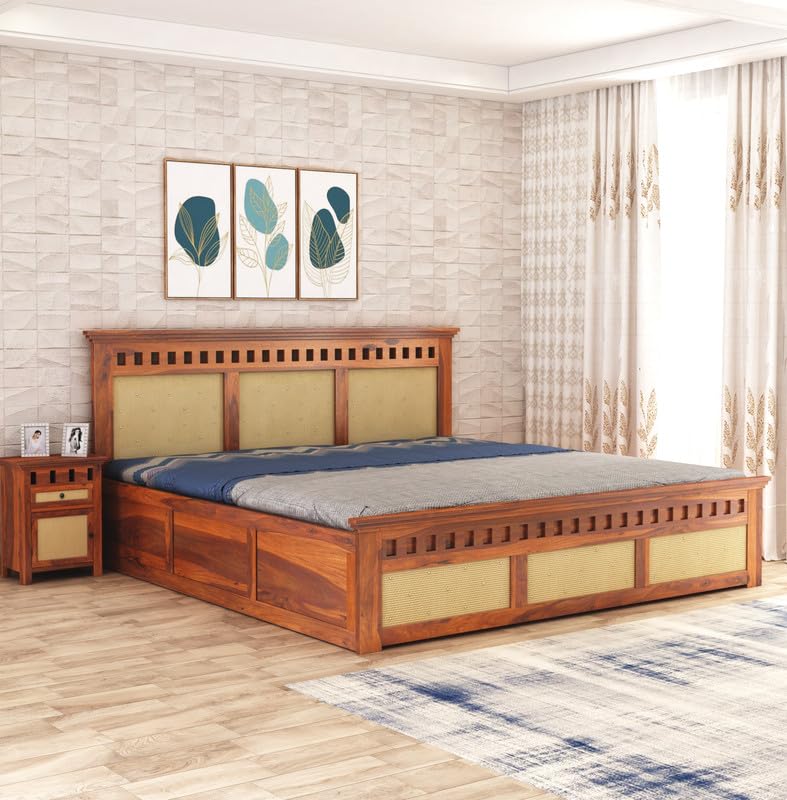 Wooden Bed Queen Size With Storage | Honey Finish