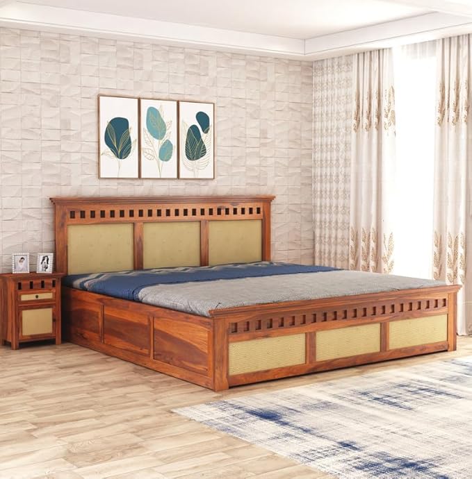 Goyal Handicraft Sheesham Wood King Size Kuber Bed with Storage for Bedroom Living Room Home Hotel Wooden Double Bed Cot Palang with Box Storage Furniture (Honey Finish)