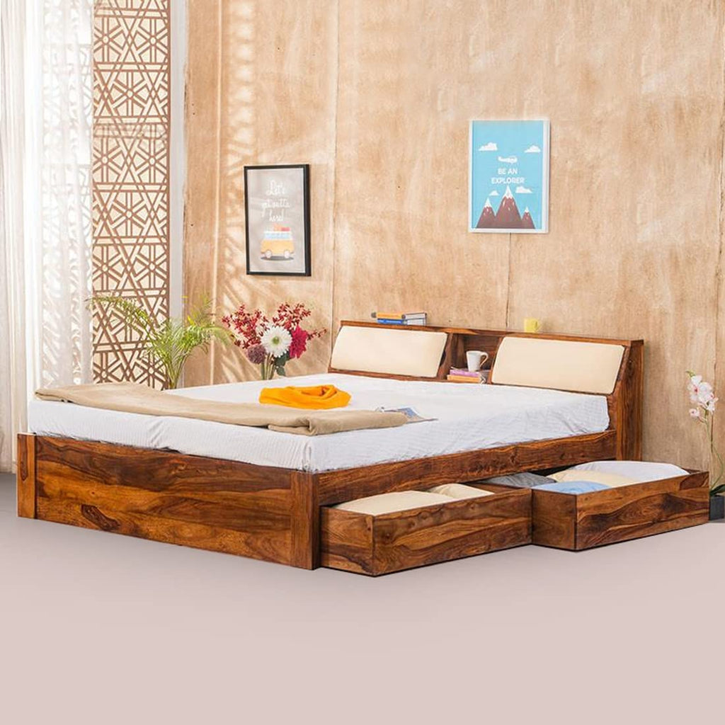 Sheesham Wood Queen Size Bed with Headboard and 4 Drawer Storage Wooden Double Bed Cot Palang Furniture for Bedroom Living Room Home