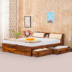 Sheesham Wood Queen Size Bed with Headboard and 4 Drawer Storage Wooden Double Bed Cot Palang Furniture for Bedroom Living Room Home