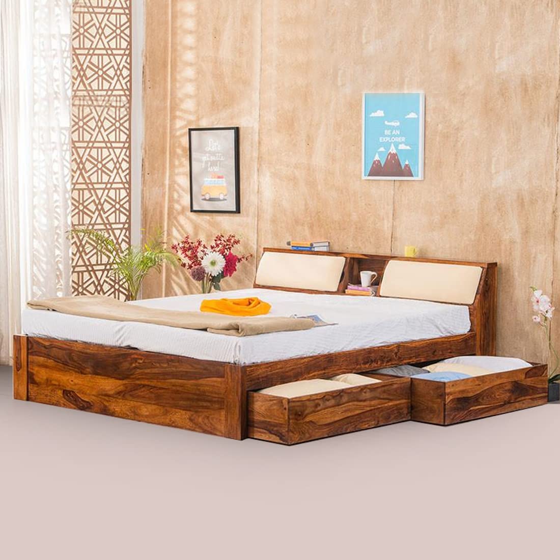 Sheesham Wood Queen Size Bed with Headboard and 4 Drawer Storage Wooden Double Bed Cot Palang Furniture for Bedroom Living Room Home