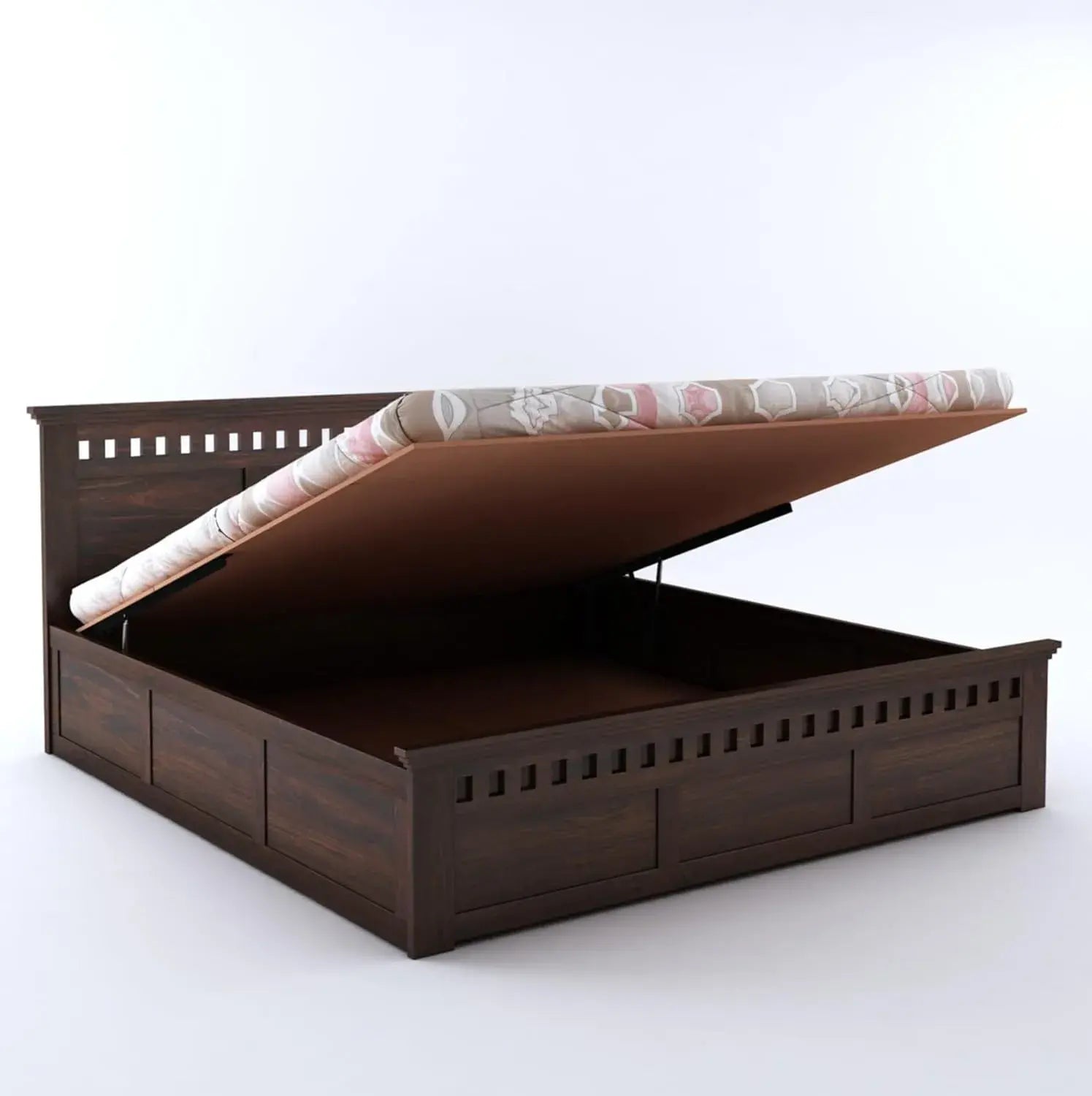 Kuber Queen Size Bed With Hydraulic Storage - Walnut Finish