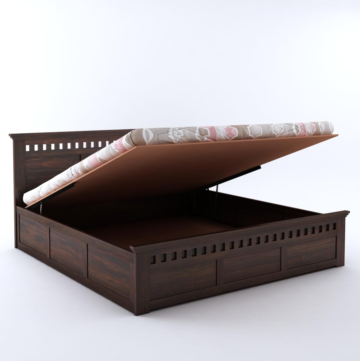 Goyal Handicraft Sheesham Wood Kuber Queen Size Bed with Hydraulic Storage for Bedroom Home Wooden Double Bed Cot Palang for Living Room and Hotels (Walnut Finish) | 1 Year Warranty