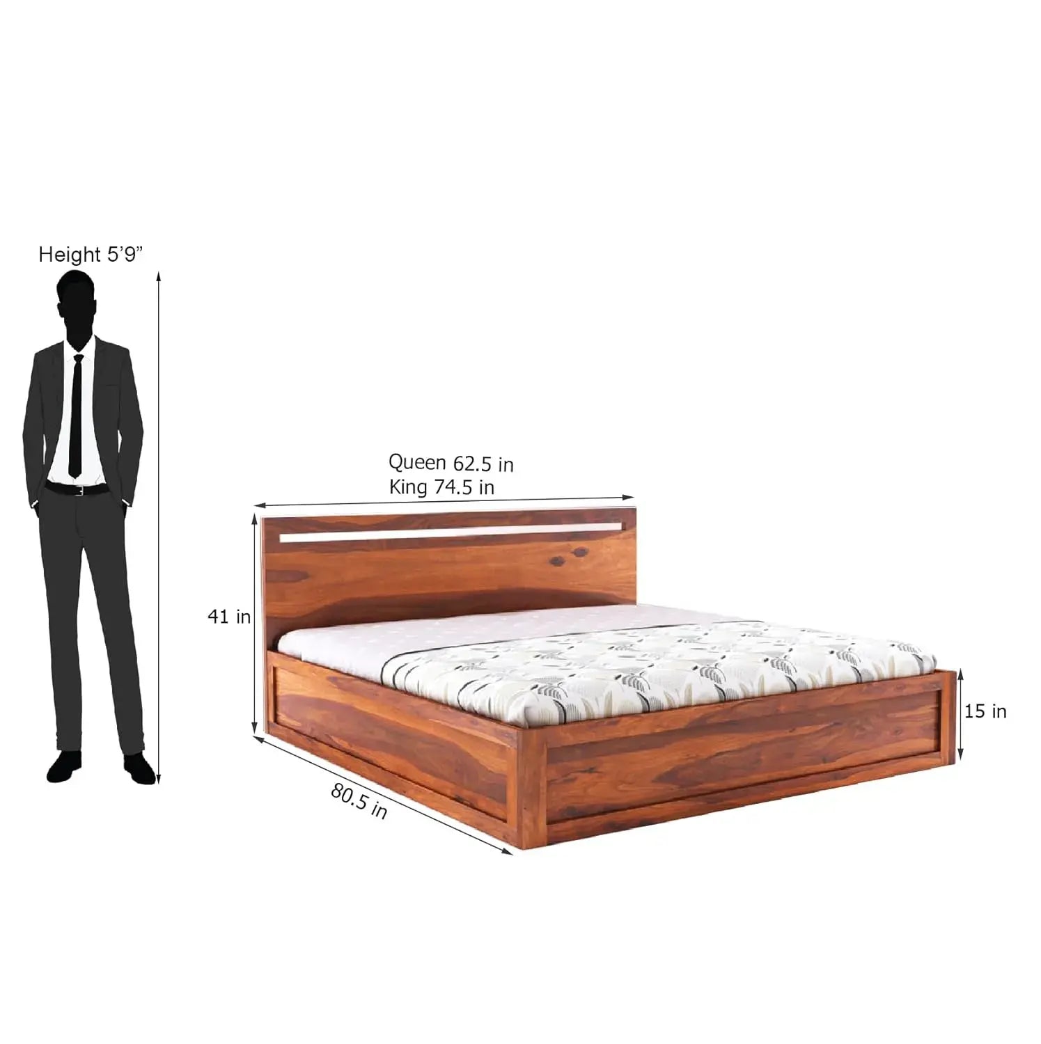 Queen Size Bed With Box Storage | Honey Finish